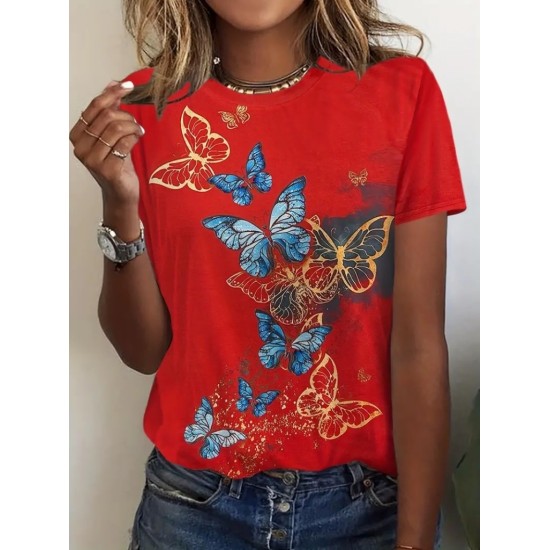 Kadın Kısa Kollu Mavi Sarı Kelebek Baskı Süprem T-shirt , 14847