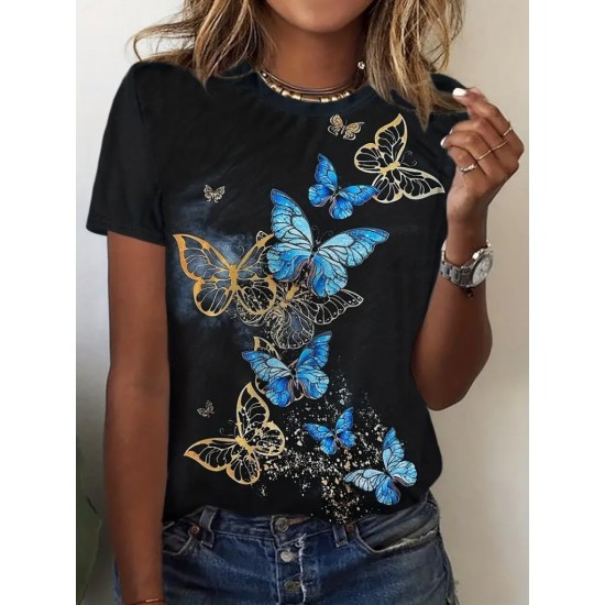Kadın Kısa Kollu Mavi Sarı Kelebek Baskı Süprem T-shirt , 14845