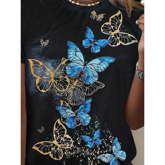 Kadın Kısa Kollu Mavi Sarı Kelebek Baskı Süprem T-shirt , 14845