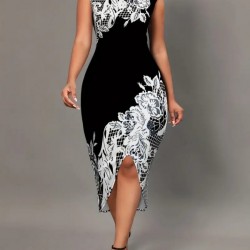 Kadın Beyaz Çiçek Desen Kayık Yaka Yırtmaç Detaylı Dalgıç Elbise, 15683