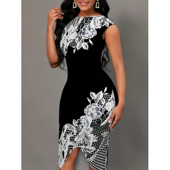 Kadın Beyaz Çiçek Desen Kayık Yaka Yırtmaç Detaylı Dalgıç Elbise, 15683 Kadın Beyaz Çiçek Desen Kayık Yaka Yırtmaç Detaylı Dalgıç Elbise, 15683