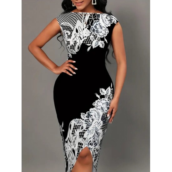 Kadın Beyaz Çiçek Desen Kayık Yaka Yırtmaç Detaylı Dalgıç Elbise, 15683 Kadın Beyaz Çiçek Desen Kayık Yaka Yırtmaç Detaylı Dalgıç Elbise, 15683