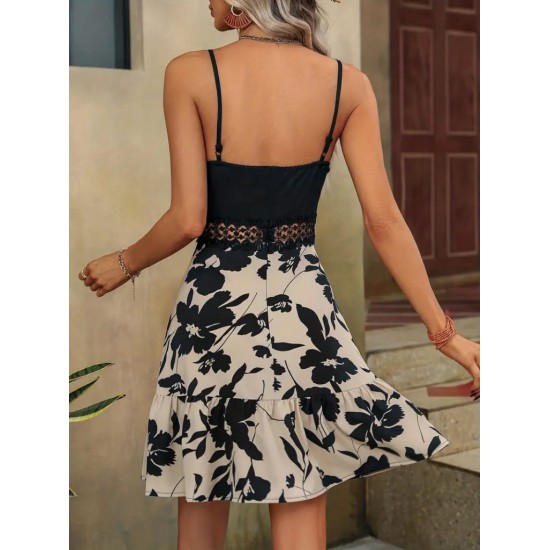 Women' S Sleeveless Strappy Double-breasted Neckline Waist Guipure Detail Skirt Floral Dress , 15876 Women' S Sleeveless Strappy Double-breasted Neckline Waist Guipure Detail Skirt Floral Dress , 15876