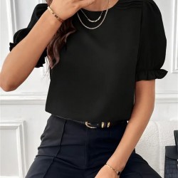 Kadın Kısa Kollu Bisiklet Yaka Kolları Gipeli Ithal Krep Bluz, 15936 Kadın Kısa Kollu Bisiklet Yaka Kolları Gipeli Ithal Krep Bluz, 15936