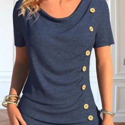 Kadın Kısa Kollu Degaje Yaka Düğme Detay Viskon Bluz, 15552