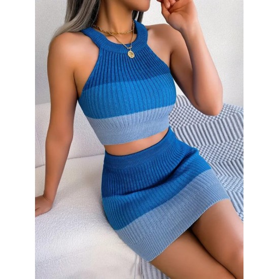 Kadın Kolsuz Halter Yaka Crop Ve Mini Etek Ikili Triko Takım, 16065 Kadın Kolsuz Halter Yaka Crop Ve Mini Etek Ikili Triko Takım, 16065