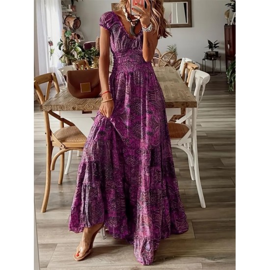 Kadın Kısa Kollu V Yakalı Beli Gipeli Desenli Süprem Maksi Elbise, 16116 Kadın Kısa Kollu V Yakalı Beli Gipeli Desenli Süprem Maksi Elbise, 16116