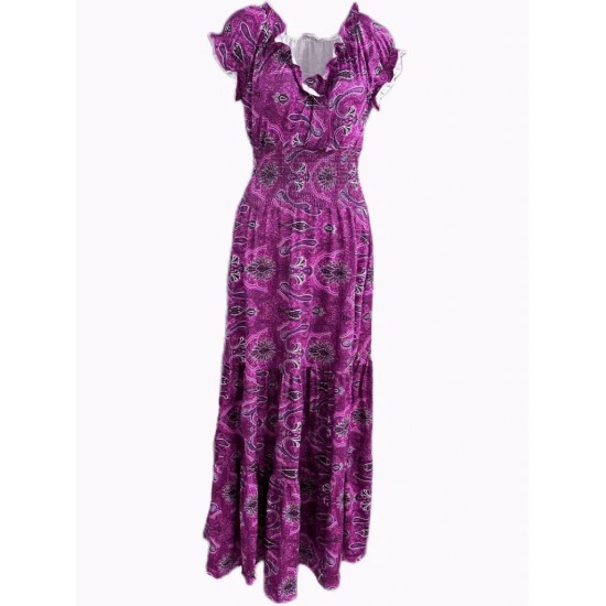 Kadın Kısa Kollu V Yakalı Beli Gipeli Desenli Süprem Maksi Elbise, 16116 Kadın Kısa Kollu V Yakalı Beli Gipeli Desenli Süprem Maksi Elbise, 16116