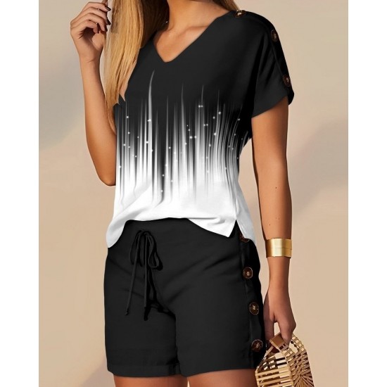 Women' S V-neck Short Sleeve Edges Tiny Slit Detailed Diving Blouse Button Detailed Diving Shorts , 9987 Women' S V-neck Short Sleeve Edges Tiny Slit Detailed Diving Blouse Button Detailed Diving Shorts , 9987