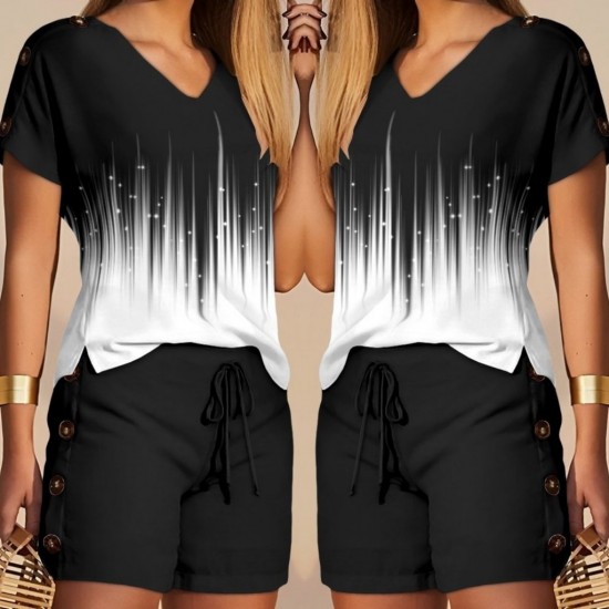 Women' S V-neck Short Sleeve Edges Tiny Slit Detailed Diving Blouse Button Detailed Diving Shorts , 9987 Women' S V-neck Short Sleeve Edges Tiny Slit Detailed Diving Blouse Button Detailed Diving Shorts , 9987