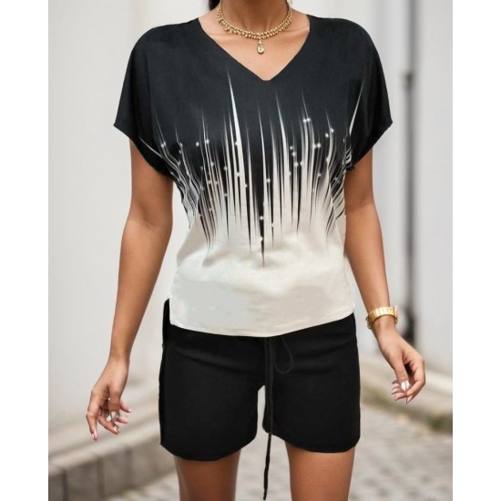 Women' S V-neck Short Sleeve Edges Tiny Slit Detailed Diving Blouse Button Detailed Diving Shorts , 9987 Women' S V-neck Short Sleeve Edges Tiny Slit Detailed Diving Blouse Button Detailed Diving Shorts , 9987