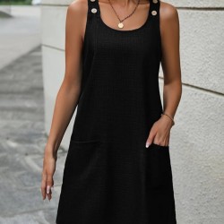 Kadın Kolsuz Kalın Askılı Düğme Detay Cepli Keten Elbise, 16443