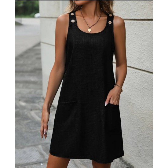 Kadın Kolsuz Kalın Askılı Düğme Detay Cepli Keten Elbise, 16443