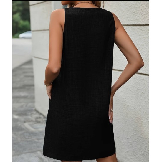 Kadın Kolsuz Kalın Askılı Düğme Detay Cepli Keten Elbise, 16443