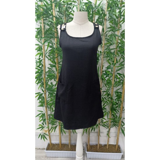 Kadın Kolsuz Kalın Askılı Düğme Detay Cepli Keten Elbise, 16443