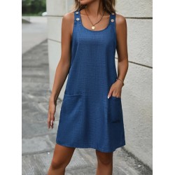 Kadın Kolsuz Kalın Askılı Düğme Detay Cepli Keten Elbise, 16444