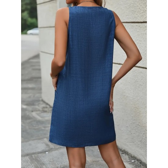 Kadın Kolsuz Kalın Askılı Düğme Detay Cepli Keten Elbise, 16444