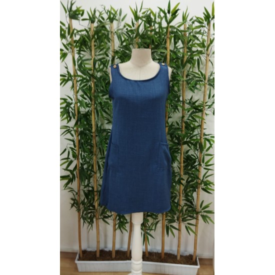 Kadın Kolsuz Kalın Askılı Düğme Detay Cepli Keten Elbise, 16444