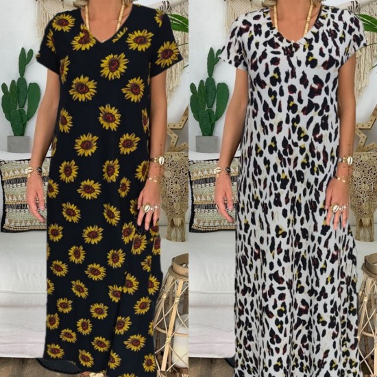 Kadın Kısa Kollu V Yaka Tam Boy Zebra Desen Pegasus Kumaş Elbise, 8774