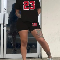 Kadın Kısa Kollu 23 Baskı Detay Viskon Iki Iplik şortlu Bluz Takım, 16775