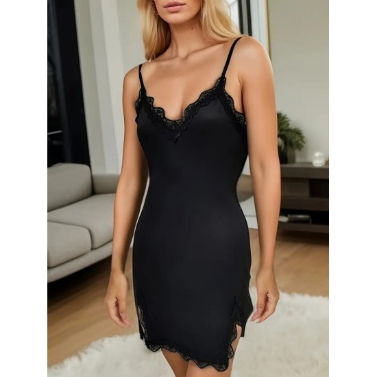 Women' S Strappy V-neck Lace Detail Viscose Nightgown, 16817 Women' S Strappy V-neck Lace Detail Viscose Nightgown, 16817