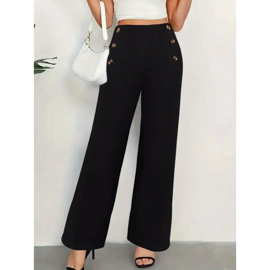 Women' S Button Detail Wide Leg Imported Crepe Trousers , 17088 Women' S Button Detail Wide Leg Imported Crepe Trousers , 17088