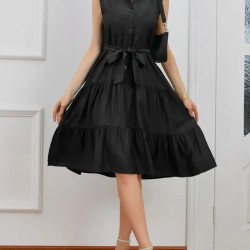 Kadın Kısa Kollu Gömlek Yaka Düğmeli Beli Kuşaklı Katlı Dokuma Midi Elbise , 17152