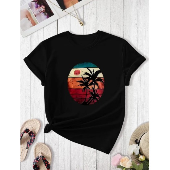 Kadın Kısa Kollu Palmiye Baskılı Viskon T-shirt , 17347 Kadın Kısa Kollu Palmiye Baskılı Viskon T-shirt , 17347