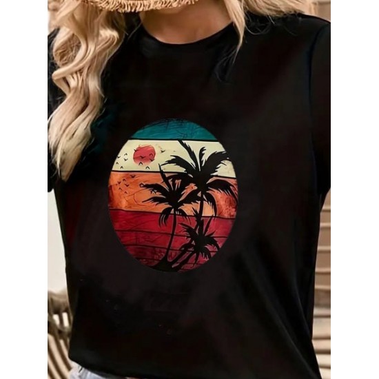 Kadın Kısa Kollu Palmiye Baskılı Viskon T-shirt , 17347 Kadın Kısa Kollu Palmiye Baskılı Viskon T-shirt , 17347