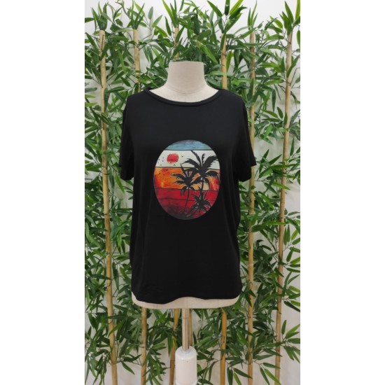 Kadın Kısa Kollu Palmiye Baskılı Viskon T-shirt , 17347 Kadın Kısa Kollu Palmiye Baskılı Viskon T-shirt , 17347