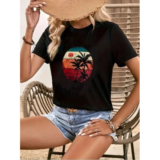 Kadın Kısa Kollu Palmiye Baskılı Viskon T-shirt , 17347 Kadın Kısa Kollu Palmiye Baskılı Viskon T-shirt , 17347