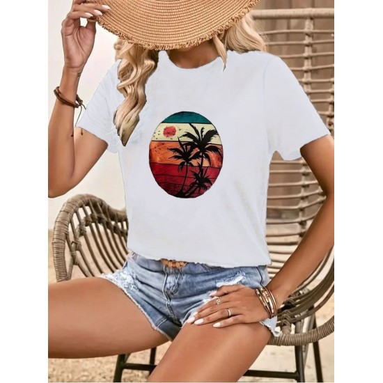 Kadın Kısa Kollu Palmiye Baskılı Viskon T-shirt , 17345 Kadın Kısa Kollu Palmiye Baskılı Viskon T-shirt , 17345