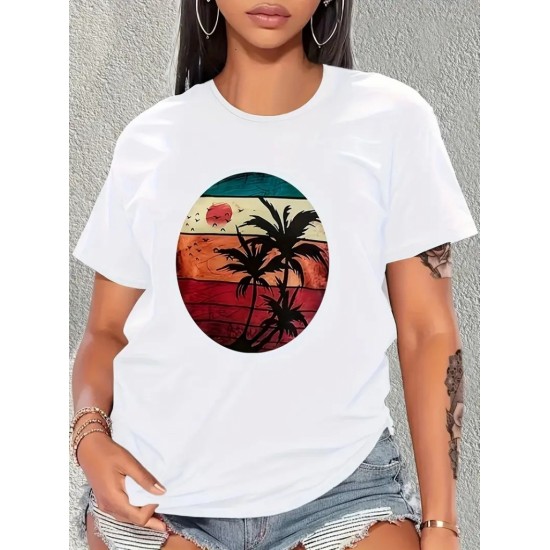 Kadın Kısa Kollu Palmiye Baskılı Viskon T-shirt , 17345 Kadın Kısa Kollu Palmiye Baskılı Viskon T-shirt , 17345