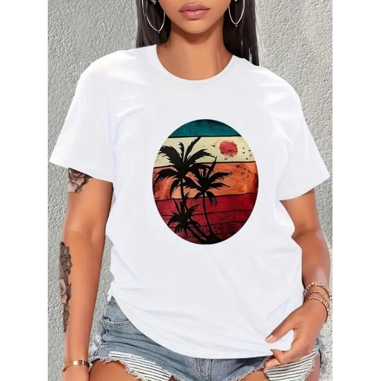 Kadın Kısa Kollu Palmiye Baskılı Viskon T-shirt , 17345 Kadın Kısa Kollu Palmiye Baskılı Viskon T-shirt , 17345