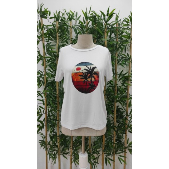 Kadın Kısa Kollu Palmiye Baskılı Viskon T-shirt , 17345 Kadın Kısa Kollu Palmiye Baskılı Viskon T-shirt , 17345