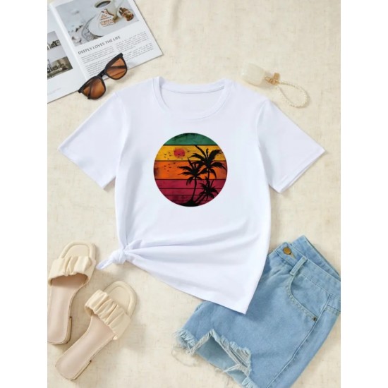 Kadın Kısa Kollu Palmiye Baskılı Viskon T-shirt , 17345 Kadın Kısa Kollu Palmiye Baskılı Viskon T-shirt , 17345