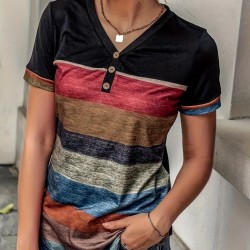 Kadın Kısa Kollu V Yakalı Düğmeli çok Renkli Süprem Bluz, 17441 Kadın Kısa Kollu V Yakalı Düğmeli çok Renkli Süprem Bluz, 17441