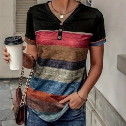 Kadın Kısa Kollu V Yakalı Düğmeli çok Renkli Süprem Bluz, 17441 Kadın Kısa Kollu V Yakalı Düğmeli çok Renkli Süprem Bluz, 17441