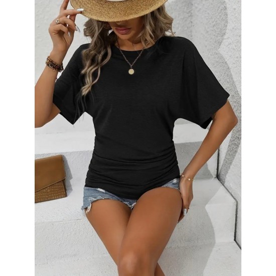 Kadın Kısa Kollu Bisiklet Yaka Yanları Büzgü Detay Yarasa Kol Viskon Bluz , 17030 Kadın Kısa Kollu Bisiklet Yaka Yanları Büzgü Detay Yarasa Kol Viskon Bluz , 17030