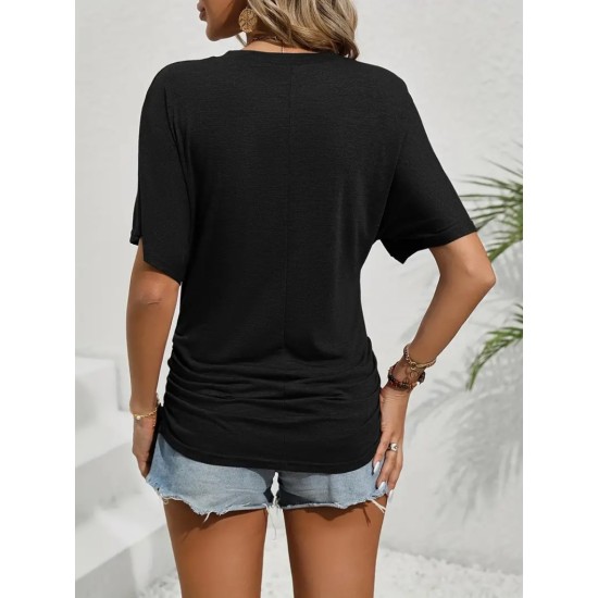 Kadın Kısa Kollu Bisiklet Yaka Yanları Büzgü Detay Yarasa Kol Viskon Bluz , 17030 Kadın Kısa Kollu Bisiklet Yaka Yanları Büzgü Detay Yarasa Kol Viskon Bluz , 17030