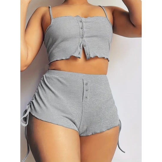 Women' S Rope-strapped Crop Blouse And Side-slit Double Camisole Short Set, 17811 Women' S Rope-strapped Crop Blouse And Side-slit Double Camisole Short Set, 17811