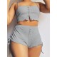 Women' S Rope-strapped Crop Blouse And Side-slit Double Camisole Short Set, 17811 Women' S Rope-strapped Crop Blouse And Side-slit Double Camisole Short Set, 17811
