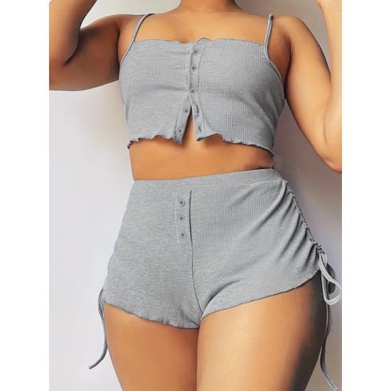Women' S Rope-strapped Crop Blouse And Side-slit Double Camisole Short Set, 17811 Women' S Rope-strapped Crop Blouse And Side-slit Double Camisole Short Set, 17811