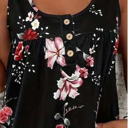 Kadın Kalın Askılı önü Düğme Detay çiçek Desen Bluz, 17940