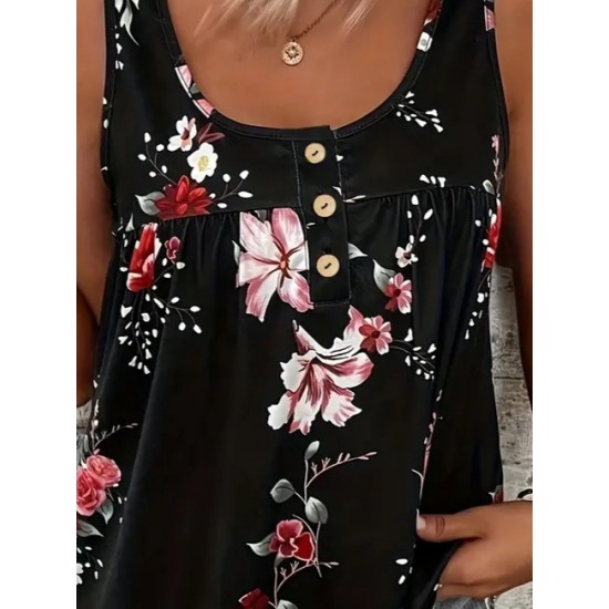 Kadın Kalın Askılı önü Düğme Detay çiçek Desen Bluz, 17940