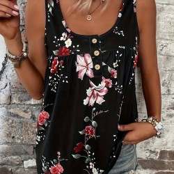 Kadın Kalın Askılı önü Düğme Detay çiçek Desen Bluz, 17940