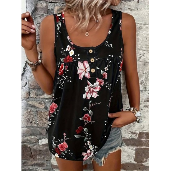 Kadın Kalın Askılı önü Düğme Detay çiçek Desen Bluz, 17940