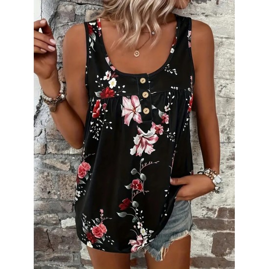 Kadın Kalın Askılı önü Düğme Detay çiçek Desen Bluz, 17940