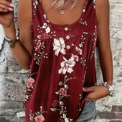 Kadın Kalın Askılı önü Düğme Detay çiçek Desen Bluz, 17939