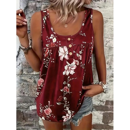 Kadın Kalın Askılı önü Düğme Detay çiçek Desen Bluz, 17939